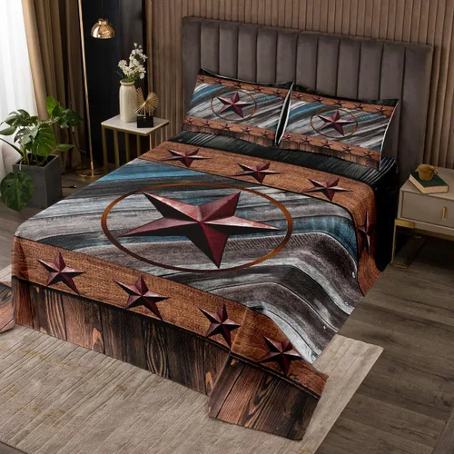 Vista 24 de Colcha acolchada rústica de Texas con estrellas del oeste de Texas para niños y niñas, color azul marino, juego de cubrecama de madera