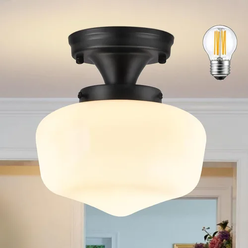 Vista 12 de Lámpara de techo estilo casa escolar negra 8" Lámpara colgante de vidrio lechoso Lámpara colgante estilo casa escolar Lámpara de vidrio lechoso