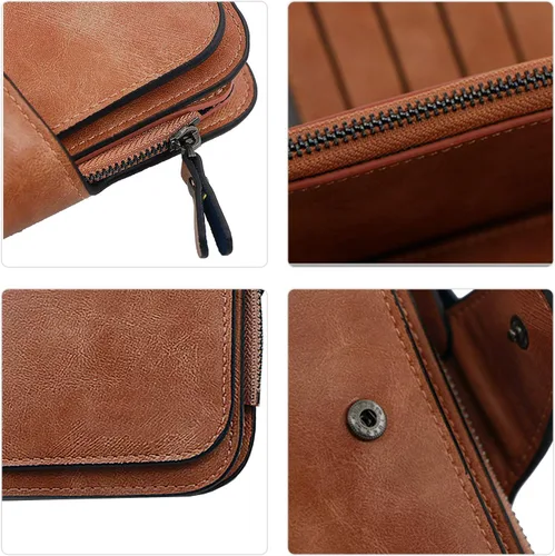Vista 5 de Cartera de cuero para mujer, monedero de embrague para tarjetas de crédito, soporte para monedas, plegable, Cera de Aceite Marrón, Classic