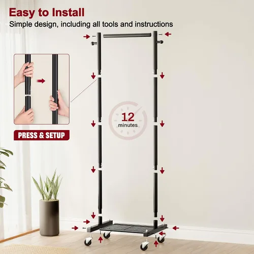 Vista 5 de SLEEPING LAMB Percheros pequeños para colgar ropa, perchero de ropa rodante con estantes, perchero de metal de 60 pulgadas con ruedas, estante