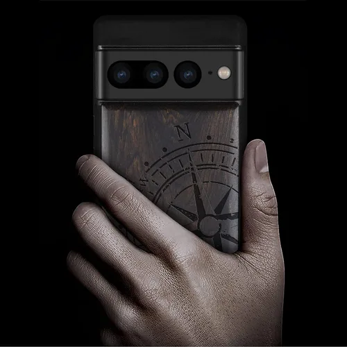 Vista 2 de Carveit Funda de madera para Google Pixel 7 Pro [madera natural y TPU negro] a prueba de golpes (negro madera, brújula vintage) Google Pixel 7 Pro