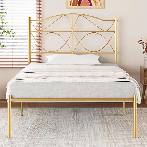 Vista 13 de VECELO Base de cama de plataforma de metal tamaño individual con cabecera y estribo, base de colchón de soporte de listones resistentes, no necesita