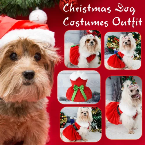 Vista 5 de Idepet Vestido de Navidad para Perro de 2 Piezas, Falda para Perro de Papá Noel Disfraz de Cachorro Navideño Conjunto Navideño Ropa de Invierno