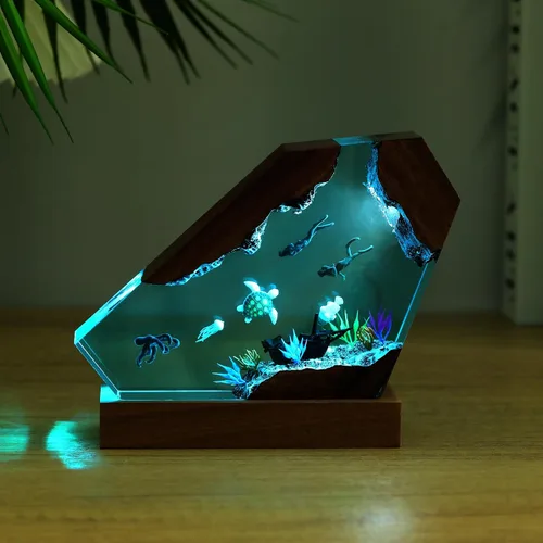 Vista 11 de Lámpara de Luz de Madera con Resina Epoxi Creativa del Océano, Lámpara de Océano Acuático Multicolor Hecha a Mano para Entusiastas del Buceo