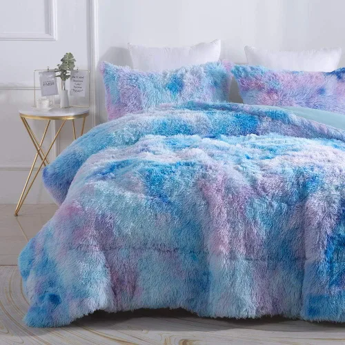 Vista 12 de Wajade Juego de edredón de felpa de pelo sintético teñido anudado negro, juego de ropa de cama mullido y peludo, juego de edredón de microfibra