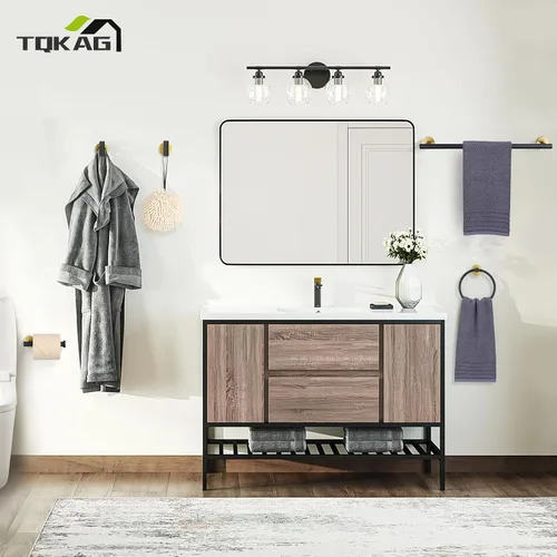 Vista 7 de TQKAG Juego de accesorios de baño negro y dorado de 5 piezas, juego de toalleros redondos de acero inoxidable de 23.6 pulgadas para baño montado