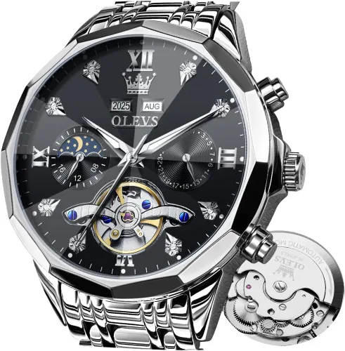 Vista 10 de OLEVS - Reloj Automático de Lujo para Hombre con Diamante, Automático, Multifuncional, Calendario, de Acero Inoxidable, Impermeable, Luminoso