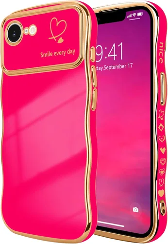 Vista 105 de LCHULLE - Funda para iPhone Air, linda para mujeres y niñas, con forma de onda, color azul bebé Luxury Plating Curly Wavy Frame with Love Heart