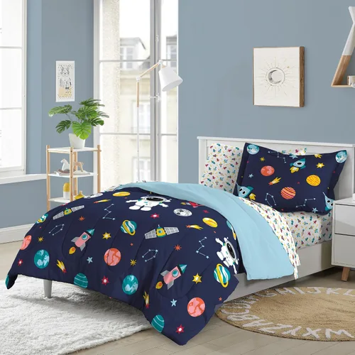 Vista 102 de Dream Factory Dinosaur Blocks - Juego de edredón de microfibra ultrasuave para niños, color azul, tamaño individual Bloques de dinosaurios azules
