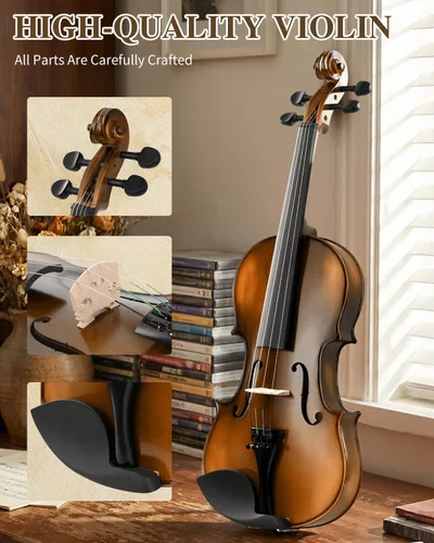 Vista 4 de Ktaxon Violín 4/4 para niños y adultos, violín de madera maciza de tamaño completo, violín acústico con estuche portátil y accesorios - Madera