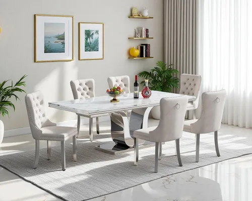 Vista 82 de Juego de mesa de comedor de mármol sintético, 7 piezas, juego de mesa de cocina y comedor para 6, mesa de comedor rectangular blanca de 70 pulgadas