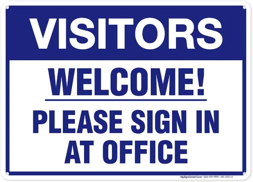 Vista 16 de Letrero con texto en inglés «Welcome Please Sign In at Office», 10 x 14