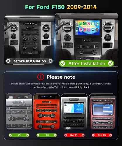 Vista 2 de Radio de coche 4G+128G para Ford F150 2008-2014 Estéreo de 9 pulgadas Pantalla táctil completa inalámbrica CarPlay/Android Auto Android 15 Bluetooth
