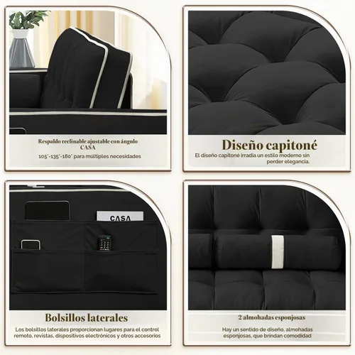 Vista 4 de Sofá cama extraíble, sofá cama de 55.5 pulgadas, con bolsillo lateral, respaldo ajustable y almohada de cintura, adecuado para espacios pequeños