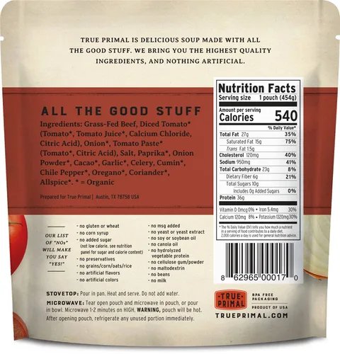 Vista 2 de True Primal Beef Chili 8-pack, Sin frijoles, Listo para comer, Sin gluten, Paleo, Carne de res alimentada con pasto, Whole30, Keto