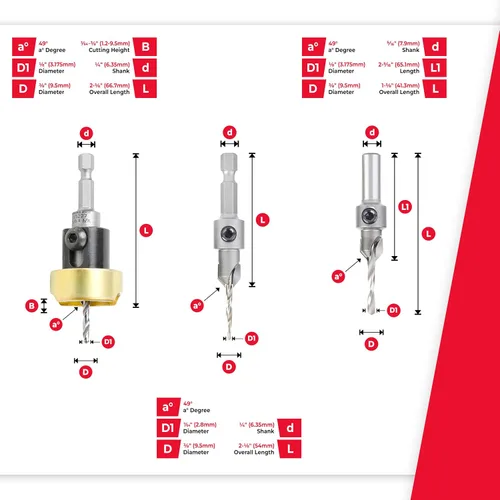 Vista 4 de Amana Tool Juego avellanador para carpintería, AMS-621, 3 piezas Punta de carburo con tope de profundidad ajustable y sin empuje, sin rodamiento