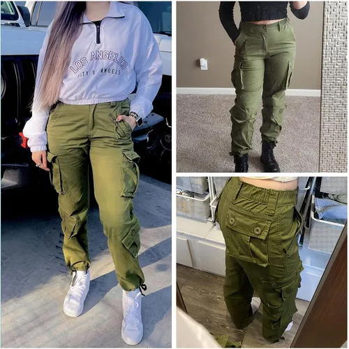 Vista 4 de Pantalones cargo de trabajo para mujer, de algodón, con 8 bolsillos, informal, estilo de combate militar