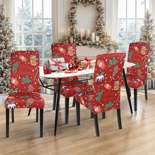 Vista 2 de SearchI Juego de 6 fundas para sillas de comedor navideñas, fundas elásticas impresas para sillas de cocina, lavables, de elastano, fundas