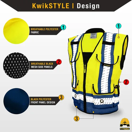Vista 2 de KwikSafety Chaleco de seguridad GODFATHER Clase 2 y Clase 3 ANSI OSHA Hi Vis Chaleco Azul