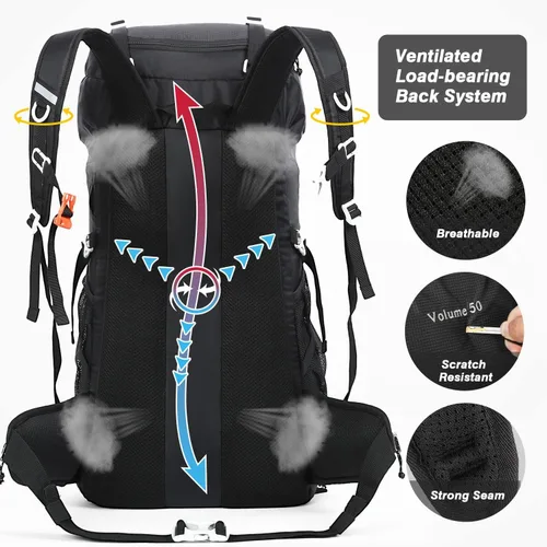 Vista 3 de HOMIEE 50L Hiking Backpack Travel Bag Waterproof Camping Rucksack Negro