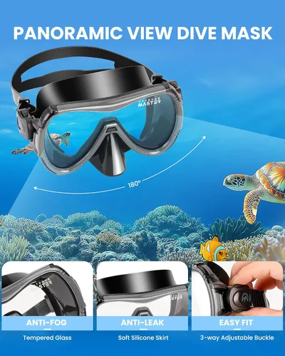 Vista 2 de OutdoorMaster Mobula Equipo de esnórquel para adultos, aletas de máscara con vista panorámica, antivaho y parte superior seca, equipo de buceo