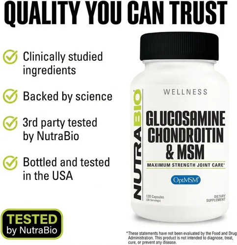 Vista 5 de NutraBio Suplemento de glucosamina condroitina y OptiMSM, fórmula de apoyo articular - 120 cápsulas (120 unidades)
