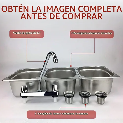 Vista 5 de Fregadero de concesión de acero inoxidable con 3 compartimentos grandes