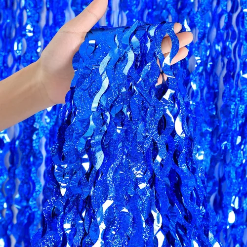 Vista 18 de CYLMFC - Paquete de 4 cortinas de papel de aluminio para fiesta, color azul claro, 3.3 x 6.6 pies, telón de fondo ondulado para cabina de fotos