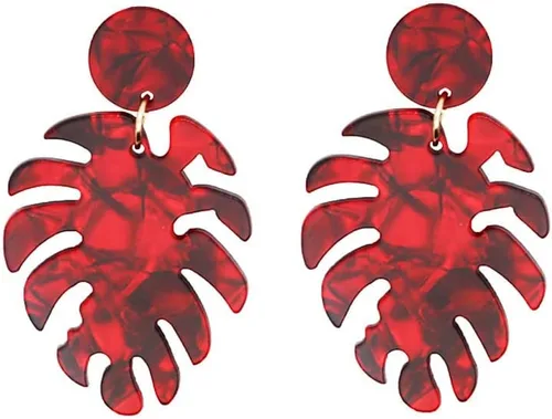 Vista 4 de Aretes de resina de acrílico con diseño de hoja de palma, plantas tropicales, hojas de Monstera, aretes colgantes para mujeres y niñas, Metal