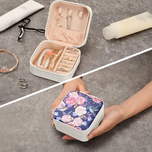 Vista 8 de FRODOTGV Fashion Texture Bouquet Lovely Roses Pink Blue Travel Jewelry Box for Women, Small Jewelry Storage Case Mini Storage Organizer for