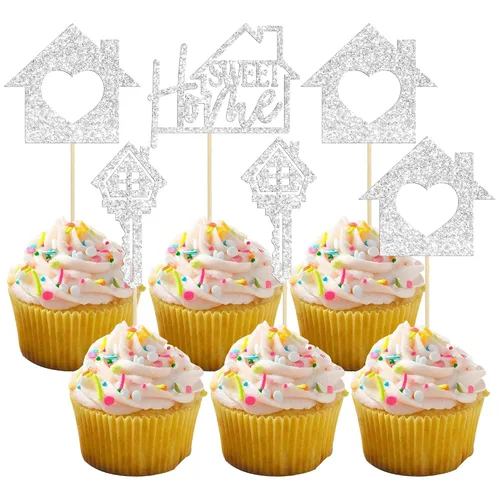 Vista 8 de Gyufise Paquete de 24 adornos para cupcakes Sweet Home con purpurina para inauguración de la casa, para bienvenida, nuevo hogar, fiesta temática