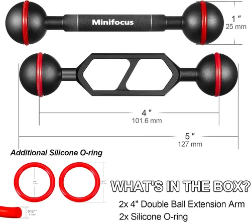 Vista 2 de MINIFOCUS Brazo de extensión de aluminio de doble bola de 4 pulgadas, conector de cabeza de bola de 1 pulgada, sistema de brazo CNC subacuático