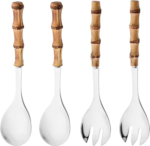 Vista 8 de Juego de 4 utensilios para servir con mango de bambú, acero inoxidable 304, cuchara larga Hanlde para cocina, bufé, banquete, boda, fiesta, cocina