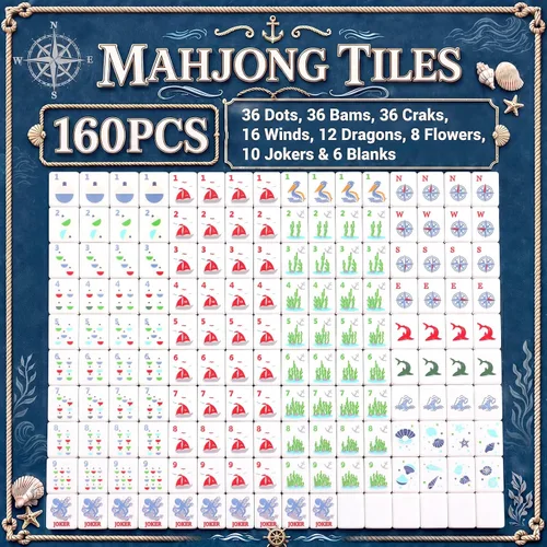 Vista 3 de Juego de azulejos Mahjong azul americano grabado con temática
