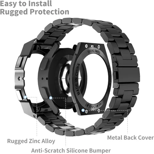 Vista 3 de Funda de lujo con correa diseñada para Samsung Galaxy Watch 6/5/4 de 1.732 pulgadas, resistente funda protectora militar de metal con correa táctica