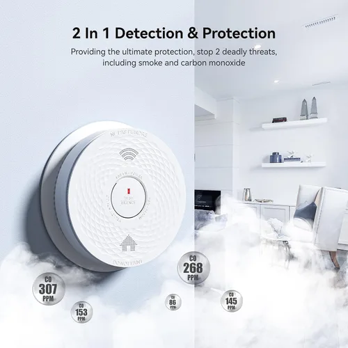 Vista 2 de Combo de detector de humo y monóxido de carbono con alerta de voz, alarma de incendio y CO con luz LED y botón de prueba, verificación automática