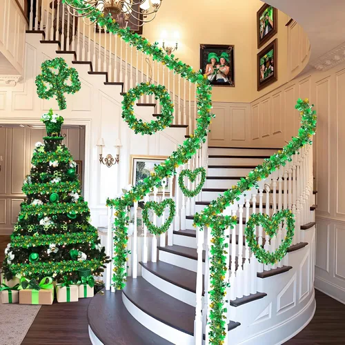 Vista 5 de Guirnalda decorativa de 33 pies para el día de San Patricio, guirnalda de oropel con sombrero de trébol verde dorado, guirnalda metálica brillante