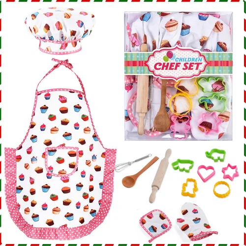 Vista 8 de HmiL-U Juego de chef para niños, juego de 13 piezas de cocina y horneado para niños, incluye delantal, sombrero de chef, utensilios, guante