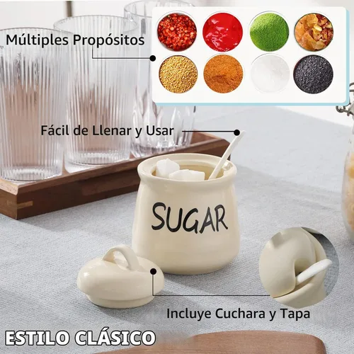 Vista 6 de Tazón de azúcar de porcelana con tapa y cuchara 12oz (Beige)