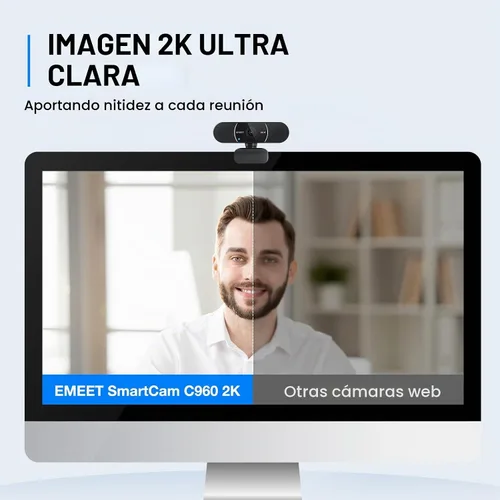Vista 2 de EMEET C960 - Cámara web USB 2K QHD, 2 micrófonos con reducción de ruido y tapa de privacidad, enfoque automático TOF, plug and play