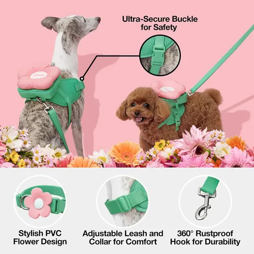 Vista 4 de VETRESKA Flora - Juego de arnés para perro, correa y collar, arnés de chaleco para perro sin tirones para caminar y entrenar, ajustable, fácil