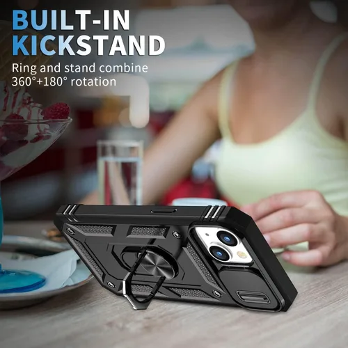 Vista 6 de Fetrim Funda para iPhone 14, Funda de teléfono con soporte de anillo de rotación para Apple iPhone 14 - Negro