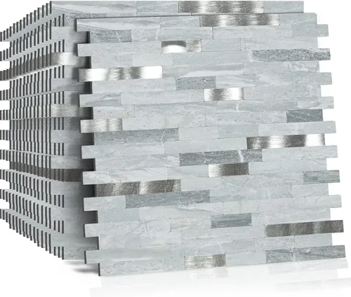 Vista 2 de Midcard 10 hojas de azulejos de salpicaduras para pelar y pegar de PVC para salpicaduras de cocina Rectangular Azul Claro con Plata Metálica