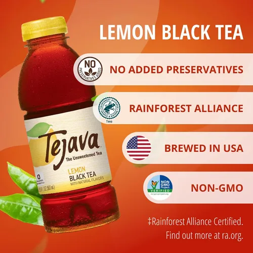 Vista 3 de Tejava Té helado negro con limón, paquete de 6, botellas de PET de 16.9oz, sin azúcar, sin OGM, kosher, sin azúcar ni edulcorantes, sin calorías