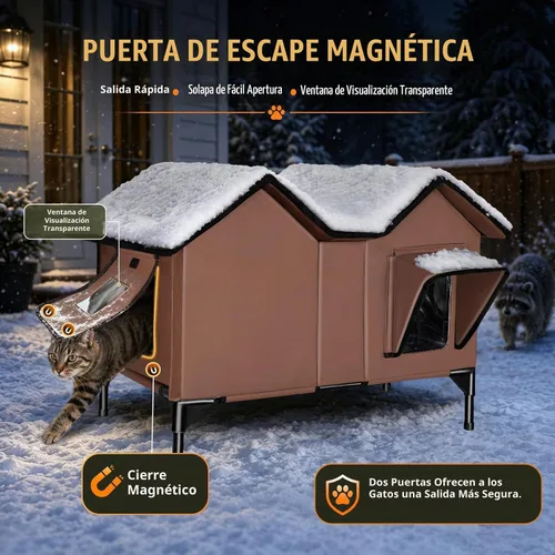 Vista 8 de Casa para gatos extra grande con calefacción para gatos exteriores, refugio de invierno aislado a la intemperie con almohadilla térmica termostática