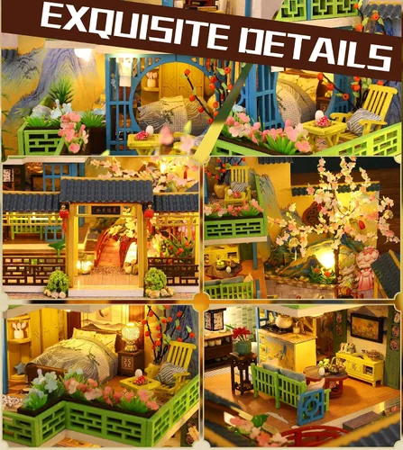 Vista 7 de Roroom Kit de casa de muñecas en miniatura y muebles, modelo de casa de muñecas de madera 3D con cubierta antipolvo y movimiento musical, idea