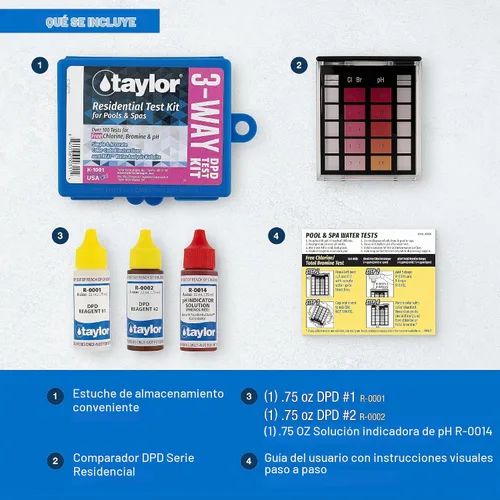 Vista 4 de Taylor Technologies K-1001 DPD, kit de prueba de piscina 3 en 1 para cloro libre Prueba cloro, bromo y pH gratis en más de 100 pruebas rápidas