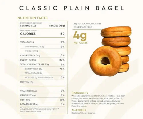 Vista 2 de Hero Classic Plain Bagel - 4 g de carbohidratos netos, 19 g de proteína, alta fibra, 130 calorías por porción (10 bagels, 2 paquetes de 5)