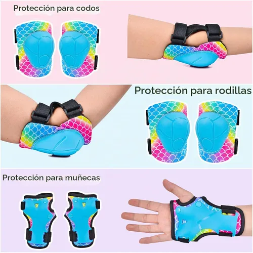 Vista 3 de Rodilleras para niños, juego de equipo de protección ajustable con bolsa de malla, rodilleras y coderas, protector de muñeca para niñas, patines