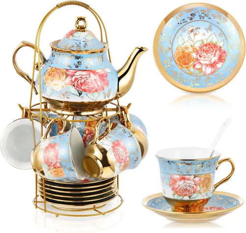 Vista 24 de Zhehao Juego de té de porcelana de 20 piezas con soporte de metal y cuchara para adultos, juego de té de cerámica para adultos, pintura de flores